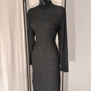 For the Republic dark gray ribbed knit long sleeve midi mock neck dress S